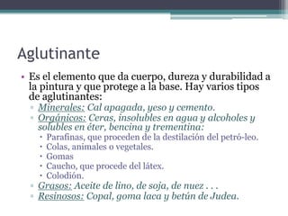 AglutinanteEs el elemento que da cuerpo, dureza y durabilidad a la pintura y que protege a la base. Hay varios tipos de aglutinantes:Minerales: Cal apagada, yeso y cemento.Orgánicos: Ceras, insolubles en agua y alcoholes y solubles en éter, bencina y trementina:Parafinas, que proceden de la destilación del petró­leo.Colas, animales o vegetales.GomasCaucho, que procede del látex.Colodión.Grasos: Aceite de lino, de soja, de nuez . . .Resinosos: Copal, goma laca y betún de Judea.