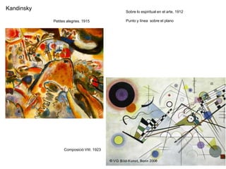 Composició IV
W. Kandisnky.
Composició IV
W. Kandisnky.1911
Abstracte. 160x250 cm. Oli i aquarela
El color es el teclado,
los ojos son los macillos,
el alma es el piano con
muchas cuerdas. El
artista es la mano que
Interpreta...
 