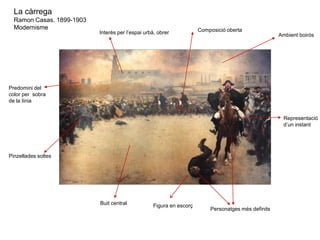 La càrrega
Ramon Casas. 1899-1903
Modernisme Composició oberta
Ambient boirós
Predomini del
Color per sobra
De la línia
Pinzellades soltes
Buit central
Personatges més definits
Interès per l’espai urbà, obrer
Representació
D’un instant
 