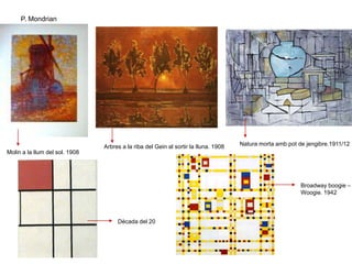 Tableau II
Pier Mondrian. 1921 -1925
Neoplasticisme
52x53 cm
Composició tancada i asimètrica
Línies compositives
verticals i horitzontals
Colors primaris, no colors,
Purs, plans
Colors un pes visual diferent
Rectangle més gran per
compensar el costat esquerre
Franja groga serveix com base de tota la composició
Eliminació de línia corba,
de pinzellada emocional,
de referència al moviment
Bidimensionalitat,
no profunditatLa línia negra serveix per
aïllar el color
Blanc, simbolitza la llum
 