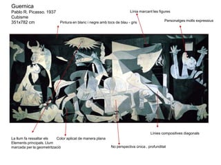 Guernica
Pablo R. Picasso. 1937
Cubisme, expressionisme, simbolisme
351x782 cm
Reina Sofía
 