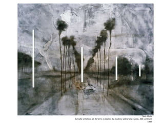 Sem título
Esmalte sintético, pó de ferro e objetos de madeira sobre tela e voile, 200 x 240 cm
1997
 