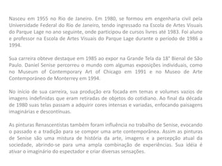 Nasceu em 1955 no Rio de Janeiro. Em 1980, se formou em engenharia civil pela
Universidade Federal do Rio de Janeiro, tendo ingressado na Escola de Artes Visuais
do Parque Lage no ano seguinte, onde participou de cursos livres até 1983. Foi aluno
e professor na Escola de Artes Visuais do Parque Lage durante o período de 1986 a
1994.
Sua carreira obteve destaque em 1985 ao expor na Grande Tela da 18° Bienal de São
Paulo. Daniel Senise percorreu o mundo com algumas exposições individuais, como
no Museum of Contemporary Art of Chicago em 1991 e no Museo de Arte
Contemporáneo de Monterrey em 1994.
No início de sua carreira, sua produção era focada em temas e volumes vazios de
imagens indefinidas que eram retiradas de objetos do cotidiano. Ao final da década
de 1980 suas telas passam a adquirir cores intensas e variadas, enfocando paisagens
imaginárias e descontínuas.
As pinturas Renascentistas também foram influência no trabalho de Senise, evocando
o passado e a tradição para se compor uma arte contemporânea. Assim as pinturas
de Senise são uma mistura de história da arte, imagens e a percepção atual da
sociedade, abrindo-se para uma ampla combinação de experiências. Sua idéia é
ativar o imaginário do espectador e criar diversas sensações.
 