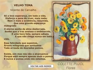 VELHO TEMA
Vicente de Carvalho
Só a leve esperança, em toda a vida,
Disfarça a pena de viver, mais nada;
Nem é mais a existência, resumida,
Que uma grande esperança
malograda
O eterno sonho da alma desterrada,
Sonho que a traz ansiosa e embevecida,
É uma hora feliz, sempre adiada
E que não chega nunca em toda a
vida.
Essa felicidade que supomos,
Árvore milagrosa que sonhamos
Toda arreada de dourados pomos,
Existe, sim mas nós não a alcançamos
Porque está sempre apenas onde a pomos
E nunca a pomos onde nós estamos.
VOLTAR AOS NOMES
 