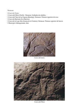 Destacan:
• Cueva de Nerja;
• Cueva del Moro (Tarifa). Destacan: Grabados de caballos.
• Cueva del Tajo de las Figuras (Benalup). Destacan: Pinturas rupestres de aves.
• Cueva de Bacinete (Los Barrios).
• Cueva de la Laja Alta (Jimena de la Frontera). Destacan: Pinturas rupestres de barcos.
• Municipio Aldeaquemada, Jaén.
Cueva del moro.
Cueva del Moro
 