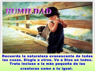 HUMILDAD  Recuerda la naturaleza evanescente de todas las cosas. Elogia a otros. Ve a Dios en todos. Trata incluso a la más pequeña de las creaturas como a tu igual.   