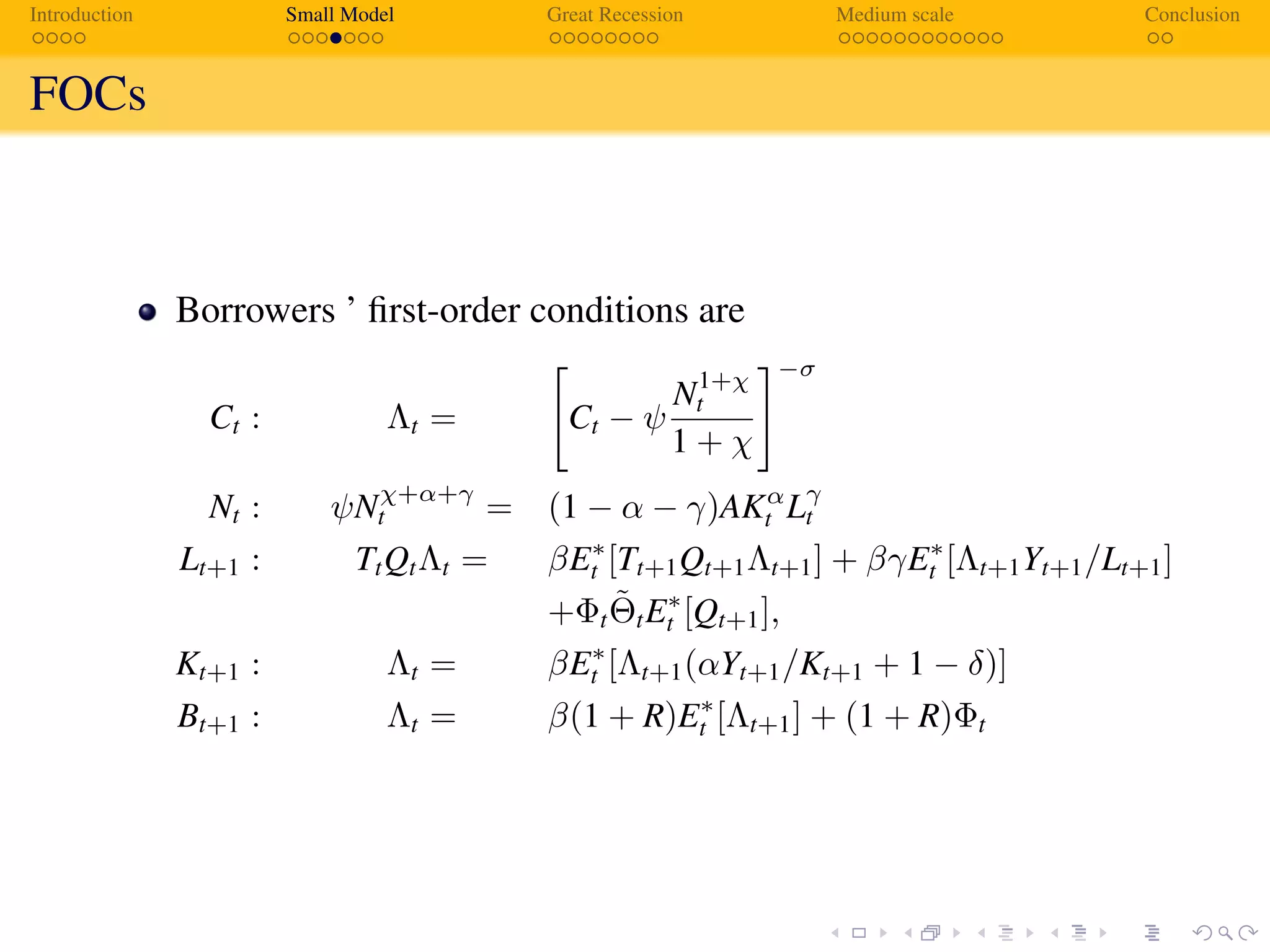 Introduction Small Model Great Recession Medium scale Conclusion
FOCs
Borrowers ’ ﬁrst-order conditions are
Ct : Λt = Ct − ψ
N1+χ
t
1 + χ
−σ
Nt : ψNχ+α+γ
t = (1 − α − γ)AKα
t Lγ
t
Lt+1 : TtQtΛt = βE∗
t [Tt+1Qt+1Λt+1] + βγE∗
t [Λt+1Yt+1/Lt+1]
+Φt
˜ΘtE∗
t [Qt+1],
Kt+1 : Λt = βE∗
t [Λt+1(αYt+1/Kt+1 + 1 − δ)]
Bt+1 : Λt = β(1 + R)E∗
t [Λt+1] + (1 + R)Φt
 
