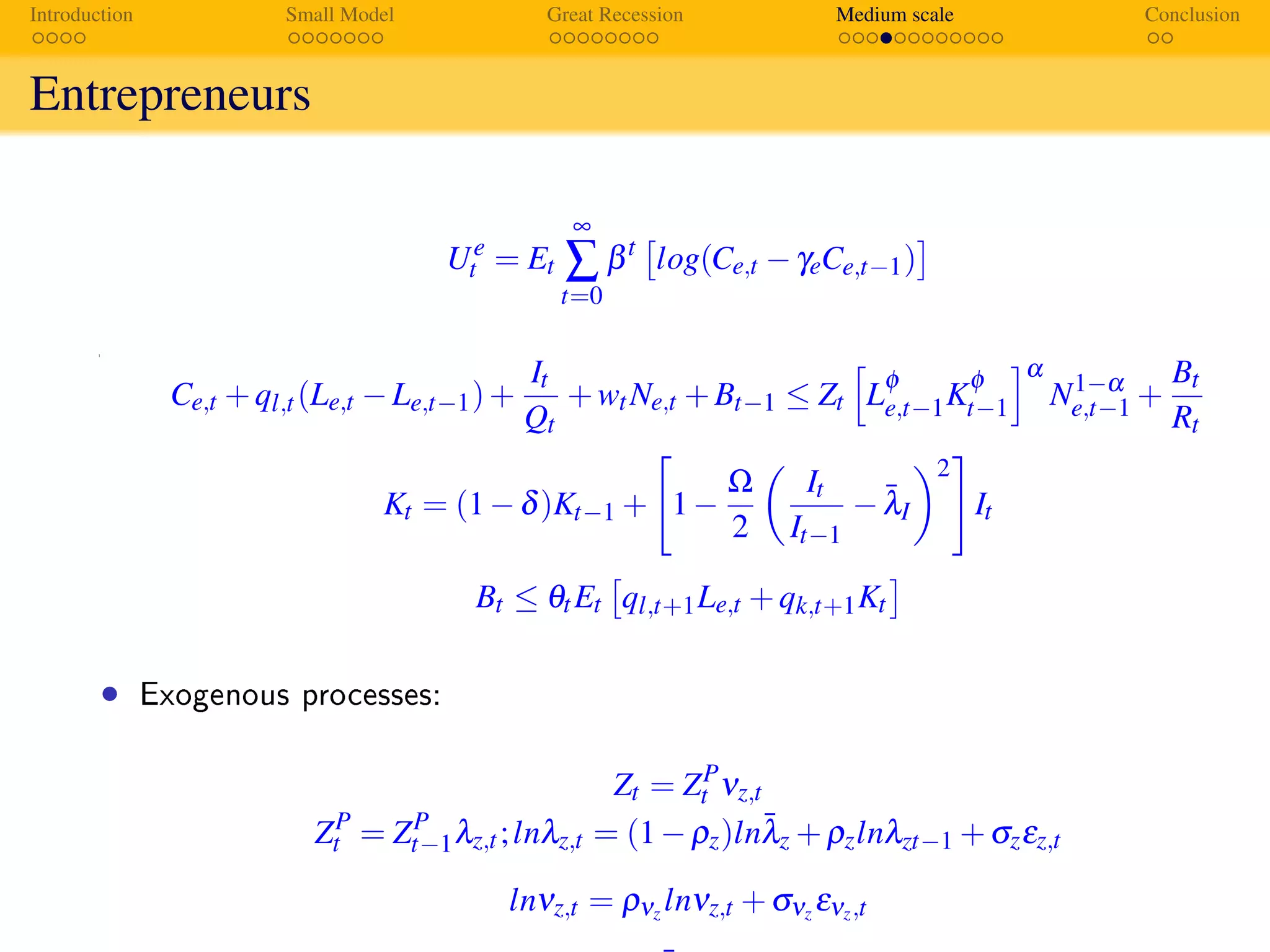 Introduction Small Model Great Recession Medium scale Conclusion
Entrepreneurs
The Model Economy
Entrepreneurs
Ue
t = Et
∞
∑
t=0
βt
log(Ce,t −γeCe,t−1)
s.t.
Ce,t +ql,t(Le,t −Le,t−1)+
It
Qt
+wtNe,t +Bt−1 ≤ Zt L
φ
e,t−1K
φ
t−1
α
N1−α
e,t−1 +
Bt
Rt
Kt = (1−δ)Kt−1 + 1−
Ω
2
It
It−1
− ¯λI
2
It
Bt ≤ θtEt ql,t+1Le,t +qk,t+1Kt
• Exogenous processes:
Zt = ZP
t νz,t
ZP
t = ZP
t−1λz,t;lnλz,t = (1−ρz)ln¯λz +ρzlnλzt−1 +σzεz,t
lnνz,t = ρνz lnνz,t +σνz ενz,t
 