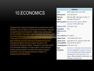 Singapore has a highly developed and successful free-market
economy. It has an open, pro-business environment, relatively
corruption-free and transparent, stable prices, low tax rates
(14.2% of GDP) compared to other developed economies, and
one of the highest per-capita gross domestic products (GDP)
in the world. Its innovative yet steadfast form of economics
that combines economic planning of Singapore Economic
Development Board with free-market has given it the
nickname the Singapore Model. Singapore's sovereign wealth
fund Temasek Holdings is a large investor in the economy,
holding majority stakes in several of the nation's largest
companies, such as Singapore Airlines, SingTel, ST
Engineering and MediaCorp.
10.ECONOMICS
 
