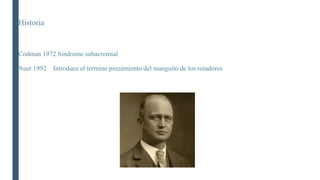 Historia
Codman 1972 Síndrome subacromial
Neer 1992 Introduce el termino pinzamiento del manguito de los rotadores
 