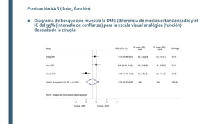 ■ Diagrama de bosque que muestra la DME (diferencia de medias estandarizada) y el
IC del 95% (intervalo de confianza) para la escala visual analógica (función)
después de la cirugía
PuntuaciónVAS (dolor, función)
 
