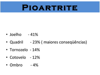 Localização Joelho    - 41% Quadril  - 23% ( maiores conseqüências) Tornozelo  - 14% Cotovelo  - 12% Ombro  - 4%  Pioartrite 