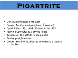 Quadro Clínico Dor à Movimentação Articular Posição Antálgica (adaptação ao    volume) Quadril: Flex.: 45º,  Abd.: 15º e Rot. Ext.: 15º Joelho e Cotovelo: 30 a 60º de flexão Tornozelo : 10 a 20º de flexão plantar Punho: posição neutra Ombro: 30 a 65º de abdução com flexão e rotação    neutras Pioartrite 