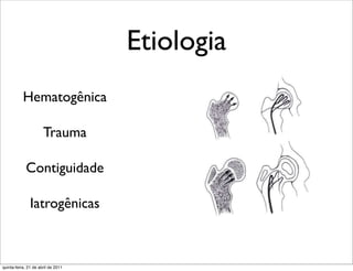 Etiologia
           Hematogênica

                      Trauma

            Contiguidade

               Iatrogênicas



quinta-feira, 21 de abril de 2011
 
