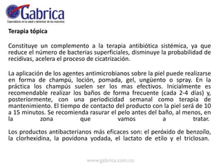 Terapia tópica
Constituye un complemento a la terapia antibiótica sistémica, ya que
reduce el número de bacterias superficiales, disminuye la probabilidad de
recidivas, acelera el proceso de cicatrización.
La aplicación de los agentes antimicrobianos sobre la piel puede realizarse
en forma de champú, loción, pomada, gel, ungüento o spray. En la
práctica los champús suelen ser los mas efectivos. Inicialmente es
recomendable realizar los baños de forma frecuente (cada 2-4 días) y,
posteriormente, con una periodicidad semanal como terapia de
mantenimiento. El tiempo de contacto del producto con la piel será de 10
a 15 minutos. Se recomienda rasurar el pelo antes del baño, al menos, en
la zona que vamos a tratar.
Los productos antibacterianos más eficaces son: el peróxido de benzoílo,
la clorhexidina, la povidona yodada, el lactato de etilo y el triclosan.
 
