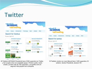 Twitter El Twibbon  ANTANAS Presidente  tiene 3.500  supporters  en Twitter, y han surgido otros con aceptable apoyo.  Primera vuelta,  recién creado, ya tiene más de 100  supporters,  y se perfila como el segundo más popular de la campaña. El Twibbon  Juntos con Juan Manuel  tiene 1.200  supporters.  El anterior , Santos Presidente,  alcanzó 181. 