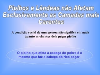 Piolhos e Lêndeas não Afetam  Exclusivamente as Camadas mais  Carentes A condição social de uma pessoa não significa em nada quanto as chances dela pegar piolho O piolho que afeta a cabeça do pobre é o mesmo que faz a cabeça do rico coçar! 