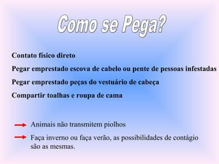 Contato físico direto
Pegar emprestado escova de cabelo ou pente de pessoas infestadas
Pegar emprestado peças do vestuário de cabeça
Compartir toalhas e roupa de cama
Animais não transmitem piolhos
Faça inverno ou faça verão, as possibilidades de contágio
são as mesmas.
 