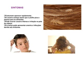 SINTOMAS
Costumam aparecer rapidamente;
A coceira começa assim que o piolho pica a
pessoa para se alimentar;
Pode ocorrer coceira intensa e irritação na pele
da cabeça;
A criança pode apresentar anemia e infecções
devido aos sintomas.
 
