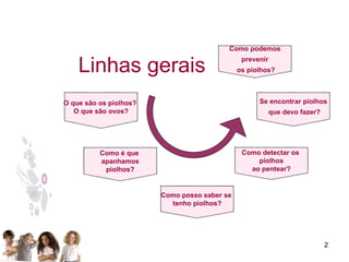 Linhas gerais O que são os piolhos?  O que são ovos? Como é que  apanhamos piolhos? Como posso saber se  tenho piolhos? Como detectar os  piolhos ao pentear? Se encontrar piolhos que devo fazer? Como podemos prevenir os piolhos? 