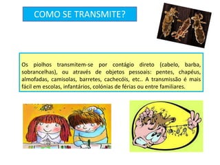 Os piolhos transmitem-se por contágio direto (cabelo, barba,
sobrancelhas), ou através de objetos pessoais: pentes, chapéus,
almofadas, camisolas, barretes, cachecóis, etc.. A transmissão é mais
fácil em escolas, infantários, colónias de férias ou entre familiares.
COMO SE TRANSMITE?
 