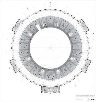 1213
24 01
02
03
04
05
06
07
08
09
10
1114
15
16
17
18
19
20
21
22
23
C
A
B
A
C
B
+ 4.80
+ 4.80 + 4.80
+ 4.80
+ 6.20
+ 2.68
+ 0.20
+ 0.20
9,14 2,5 2,91,001,692,55
5,51
3,881,62
0,90,9
5,51
4,011,5
1,5
1,5
6,75
6,75
6,75
1,5
1,5
1,5
1,5
1,5
1,5
4,25
1,50
0,45
1,50
0,45
0,45
1,5
1,5
1,50
0,45
1,50
0,45
1,5
1,5
4,25
0,45
1,50
0,45
6,75
4,25
0,45
1,50
0,45
51,132,35 2,35
3,00
3,00
3,00 3,00
3,00
3,00
1,731,73
3,58
4,25
96,85
96,85
3
2
4
8
9
1
11
1
5 6 7
1 Entrepisos / 2 Hall / 3 Sanitarios / 4 Administración / 5 Contaduria / 6
Dirección / 7 Relaciones exteriores - Sala de Reunion / 8 Anillo de circula-
ción inferior / 9 Arena - Gran espacio polivalente
PLANTA DE ENTREPISOS
esc. 1:200
1
20
4
 