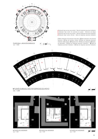 - 3.22
23
24
01
02
03
7,00
1,50
0,2
0,2
0,15
0,2
1,50
3,08
2,2
1,62
0,2
1,50
7,00
0,2
0,2
4,8
4,77
4,8
4,8
4,84,8
3,57
2,35
1,13
4,78
4,76
0,2 0,2
13
- 2.40
1,48
1,72,22
0,9 1,15 2,20 0,20
2,20
0,200,2
0,20
1,7
1,65
- 2.40
21
3,280,2 0,2
2,22,950,950,20,15
2,20,93
- 2.40
04
3,28 0,20,2
2,22,950,950,20,15
2,2 0,93
1 Baño+Vestuario del personal masculino / 2 Baño+Vestuario del personal
femenino / 3 Sala de bombeo cloacal / 4 Sala de máquinas ascensor
hidráulico / 5 Limpieza / 6 Reparaciones / 7 Salas de máquinas / 8 Depósi-
tos generales / 9 Sala de máquinas ascensor hidráulico / 10 Sala de
máquinas ascensor hidráulico / 11 Sala de máquinas ascensor hidráulico
a Subsuelo bajo acceso secundario - Sala de máquinas ascensor hidráulico
b Subsuelo bajo sector de servicios de apoyo - Servicios de Apoyo
c Subsuelo bajo acceso secundario - Sala de máquinas ascensor hidráulico
d Subsuelo bajo nucleo oficinas - Sala de máquinas ascensor hidráulico
25
1
20
4
.5
10
2
b PLANTA SUBSUELO SECTOR SERVICIOS DE APOYO
esc. 1:200
a PLANTA S.M. ASCENSOR
esc. 1:100
PLANTA BAJA - UBICACIÓN SUBSUELOS
esc. 1:1000
d PLANTA S.M. ASCENSOR
esc. 1:100
c PLANTA S.M. ASCENSOR
esc. 1:100
0
1
5
10
20
ba
d
c
6
7
8
5
2
1
9
10
11
4
3
 