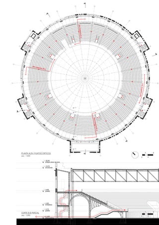 AC
CE
SO
PL
AT
ATE
CN
ICA
SO
LO
PE
RS
ON
AL
DE
SE
RV
ICI
O
01 02
03
04
05
06
07
08
09
10
11
12
1314
15
16
17
18
19
20
21
22
23
24
C
A
B
A
C
B
+ 9.88
+ 9.88 + 9.88
+ 9.88
+ 9.68
+ 2.68
+ 0.20
+ 9.88
+ 18.75
+ 20.82
+/- 0.00
plaza publica
+ 2.70
gradas
+ 4.90
entrepisos
+ 9.98
gradas
envolvente
antigua plaza de toros
2
40
8
1
20
4
PLANTA ALTA / PUNTOS CRÍTICOS
esc. 1:400
libre trayectoria 30 m.
libretrayectoria25m.
libretrayectoria25m.
libretrayectoria19m.
CORTE B-B PARCIAL
esc. 1:200
 
