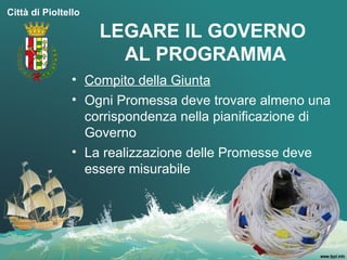 Città di Pioltello

                     LEGARE IL GOVERNO
                       AL PROGRAMMA
                • Compito della Giunta
                • Ogni Promessa deve trovare almeno una
                  corrispondenza nella pianificazione di
                  Governo
                • La realizzazione delle Promesse deve
                  essere misurabile
 