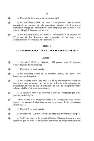 – 15 – 
6° L’article 16 de la même loi est ainsi modifié : 
a) Au deuxième alinéa, les mots : « au parquet territorialement 
compétent, au service de documentation rattaché au département 
ministériel chargé de l’information » sont remplacés par les mots : « au 
ministre chargé de la communication » ; 
b) Au troisième alinéa, les mots : « l’information et le ministre de 
l’économie et des finances » sont remplacés par les mots : « la 
communication et le ministre de l’économie ». 
TITRE II 
DISPOSITIONS RELATIVES À L’AGENCE FRANCE-PRESSE 
Article 11 
I. – La loi n° 57-32 du 10 janvier 1957 portant statut de l’agence 
France-Presse est ainsi modifiée : 
1° L’article 4 est ainsi modifié : 
a) Au deuxième alinéa et au troisième alinéa, les mots : « ou 
honoraire » sont supprimés ; 
b) Au sixième alinéa, les mots : « de la radiodiffusion télévision 
française » sont remplacés par les mots : « des sociétés nationales de 
programmes relevant du titre III de la loi n° 86-1067 du 30 septembre 1986 
relative à la liberté de communication » ; 
c) La seconde phrase du huitième alinéa est remplacée par deux 
phrases ainsi rédigées : 
« Leur mandat n’est pas renouvelable. Il est incompatible avec celui de 
membre du conseil d’administration ou de membre de la commission 
financière. » ; 
2° L’article 7 est ainsi modifié : 
a) Au début du 1°, le mot : « huit » est remplacé par le mot : « cinq » ; 
b) Au 2°, les mots : « de la radiodiffusion télévision française » sont 
remplacés par les mots : « des sociétés nationales de programmes relevant 
 
 
 
 
 
 
 
 
 
 
 
 
 