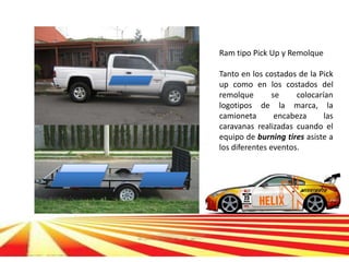 Ram tipo Pick Up y Remolque

Tanto en los costados de la Pick
up como en los costados del
remolque        se    colocarían
logotipos de la marca, la
camioneta        encabeza     las
caravanas realizadas cuando el
equipo de burning tires asiste a
los diferentes eventos.
 