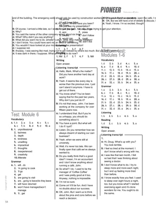 intermediate
end of the building. The emergency exits should only be used by construction workers. Thank you for your cooperation.
4.
A: Hi, Glenn. Where have you been?
Did you see my presentation?
B: Of course. I arrived a little late, so I was sitting at the back. Actually, I was trying to get your attention.
A: Why?
B: You said the name of the other company wrong about six times.
A: What? Why didn’t you say anything?
B: What did you want me to do, whistle? Listen, Jane, stop making mistakes!
A: I don’t know. You could have sent me an SMS or something.
B: You wouldn’t have looked at your mobile during the presentation!
A: I suppose not.
B: Anyway, I was waving like mad, trying not to get noticed by others too much. But you didn’t see me.
A: It was dark in there, I suppose. What am I going to do now?
A: Of course. But if we decide to open the café, I ne
B: OK. But we still have a lot of details to discuss. S
A: Yeah, I know. I’m so excited, though!
Test: Module 6
Vocabulary
A. 1. b 2. a 3. a 4. c 5. c
6. c 7. b 8. d 9. d 10. a
B. 1. unprofessional
2. laziness
3. depth
4. kindness
5. unwilling
6. impractical
7. thoughts
8. inexperienced
9. creativity
10.illiterate
Grammar
A. 1. will…do
2. ’m going to cook
3. ’ll go
4. get
5. are going to visit
6. are…going to leave/do they leave
7. will have returned
8. won’t have managed/won’t
manage
9. ’ll…get
54
10.arrive
11.will have fallen
12.’ll see
B. 1. will you get 6. would go
2. won 7. press
3. breaks 8. don’t follow
4. would join 9. could
5. won’t pass 10. didn’t live
Listening
1. T 2. T 3. F 4. F
Reading
1. NM 2. F 3. T 4. F 5. NM
Writing
Open answer.
Listening transcript
A: Hello, Mark. What’s the matter?
Did you have another hard day at
work?
B: Yeah. It seems like every day is
worse than the previous one. I just
can’t stand it anymore. I have to
get out of there.
A: You know what? You’ve been
saying that for the past two years.
Why don’t you just do it?
B: It’s not that easy, John. I’ve been
working at the company for over
fifteen years now.
A: I understand that. But if you’re
so unhappy, you should do
something about it.
B: You have a point. But what will
I do if I quit?
A: Listen. Do you remember how we
always dreamt of starting our own
business?
B: Yeah, when we were still at
university.
A: Well, it’s never too late. We can
finally open that café we’ve always
wanted to.
B: Do you really think that’s a good
idea? I mean, I’m an accountant
and I don’t know anything about
running a café, John.
A: So what? I do. I used to be the
manager of ‘Coffee Coffee’
and I was pretty good at it too.
Anyway, nothing is impossible.
B: I’m not so sure.
A: Come on! It’ll be fun. And I have
no doubts about our success.
B: OK, John. But I want us to think
about the pros and cons before we
reach a decision.
Midterm test:
Modules 1-6
Vocabulary
1. d 2. b 3. d 4. c 5. a
6. a 7. d 8. d 9. c 10. d
11. c 12. b 13. b 14. a 15. a
16. b 17. c 18. d 19. b 20. c
21. d 22. b 23. a 24. b 25. a
26. c 27. b 28. d 29. a 30. a
31. a 32. c 33. b 34. a 35. a
Grammar
1. a 2. b 3. b 4. c 5. b
6. c 7. b 8. c 9. c 10. d
11. a 12. c 13. c 14. b 15. d
16. d 17. c 18. b 19. a 20. a
21. b 22. d 23. b 24. b 25. d
26. b 27. c 28. c 29. b 30. d
31. c 32. d 33. a 34. c 35. a
Listening
1. b 2. b 3. c 4. b 5. a
Reading
1. d 2. c 3. b 4. b 5. a
Writing
Open answer.
Listening transcript
1.
A: Hi, Doug. What’s up with you?
You look terrible.
B: I feel so tired at the moment. I
don’t know what’s wrong with me.
A: I was like that last month. I felt
so bad that I was thinking about
seeing a doctor.
B: I don’t know what to do. I try to
sleep more and more each night,
but I end up feeling more tired
than before.
A: I know exactly how you feel. I used
to sleep over eight hours a night,
too, but you know what? I started
exercising again and it’s done
wonders for me. You ought to do
the same.
Copyright
©
MM
Publications
 