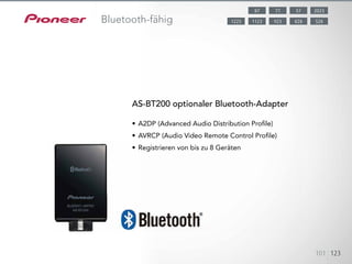 Mit dem optional erhältlichen Bluetooth-Adapter AS-BT200 können Sie Au-
dioinhalte von
kompatiblen Geräten, z. B. vom iPod/iPod touch/iPhone/iPad (mit iOS 3.0
oder höher),
Mobiltelefon oder PC, kabellos übertragen.
101 123
Bluetooth-fähig
•	A2DP (Advanced Audio Distribution Profile)
•	AVRCP (Audio Video Remote Control Profile)
•	Registrieren von bis zu 8 Geräten
AS-BT200 optionaler Bluetooth-Adapter
5787 202377
8281123 5289231223
 