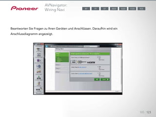 Starten Sie auf Ihrem PC Wiring Navi von CD-ROM. Beantworten Sie Fra-
gen zu Ihren
Geräten und Anschlüssen. Daraufhin wird ein Anschlussdiagramm an-
gezeigt. Schließen Sie Ihre Geräte
und Lautsprecher entsprechend an (berücksichtigen Sie dabei auch die Net-
zwerkanbindung an Ihren PC), und übertragen Sie anschließend
die Einrichtungsdaten von Ihrem PC auf den AV-Receiver. Wiring Navi ist
mit dem iPad kompatibel und
kann kostenlos im App Store heruntergeladen werden.
105 123
Beantworten Sie Fragen zu Ihren Geräten und Anschlüssen. Daraufhin wird ein
Anschlussdiagramm angezeigt.
AVNavigator:
Wiring Navi 1123 9232023 122377 5787
 