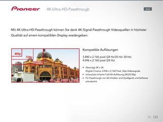 4K x 2K, häufig nur als „4K“ bezeichnet, ist ein äußerst hochauflösender Ultra-HD-Standard der
nächsten Generation mit
3840 x 2160 (24 Hz/25 Hz/30 Hz) Pixeln oder 4096 x 2160 (24 Hz) Pixeln – vier Mal so hoch wie der
derzeitige
HD-Standard mit 1080p. Diese AV-Receiver ermöglichen den 4K-Video-Passthrough zu einem
kompatiblen Display
und bieten damit die hochwertigste Bildqualität auf dem Markt.
Kompatible Auflösungen
3.840 x 2.160 pixel (24 Hz/25 Hz/ 30 Hz)
4.096 x 2.160 pixel (24 Hz)
•	 Überträgt 4K x 2K
(Digital Cinema; 4.096 x 2.160 Pixel, 24p) Videosignale
•	 Unterstützt 4-fache Full-HD-Auflösung (24/25/30p)
•	 Für Passthrough von 4K-Inhalten sind Quellgerät und Software
erforderlich
36 123
4K-Ultra-HD-Passthrough
Mit 4K-Ultra-HD-Passthrough können Sie dank 4K-Signal-Passthrough Videoquellen in höchster
Qualität auf einem kompatiblen Display wiedergeben.
ALLE
 