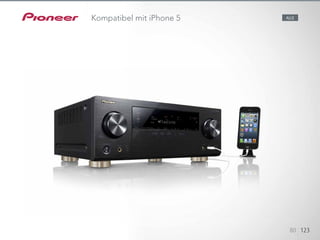 Die neuesten AV-Receiver sind mit dem Zertifikat „Made for iPod®, iP-
hone®, and iPad®“ ausgestattet und
ermöglichen die Musikwiedergabe von jedem
iPod, iPhone und iPad. Mit dem im Lieferumfang enthaltenen Kabel kann
eine direkte USB-Verbindung zum Frontpanel hergestellt werden,
über die der Akku Ihres Gerätes aufgeladen wird. Die
AV-Receiver gestatten außerdem die Videowiedergabe von jedem iPod, iP-
hone und iPad.
80 123
ALLEKompatibel mit iPhone 5
 