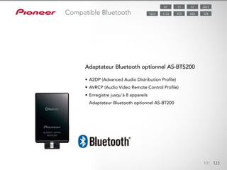 Grâce à l’adaptateur optionnel AS-BT200 Bluetooth, vous bénéficiez d’une
transmission audio sans fil à partir d’appareils compatibles comme les iPod/
iPod touch/iPhone/iPad (avec iOS 3.0 ou ultérieur), les téléphones mobiles
ou les ordinateurs personnels.
101 123
Compatible Bluetooth
•	A2DP (Advanced Audio Distribution Profile)
•	AVRCP (Audio Video Remote Control Profile)
•	Enregistre jusqu’à 8 appareils
Adaptateur Bluetooth optionnel AS-BT200
Adaptateur Bluetooth optionnel AS-BTS200
5787 202377
8281123 5289231223
 