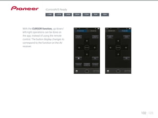 102 123 
iControlAV5 Ready 
LX88 LX78 LX58 2024 1224 924 824 
With the CURSOR function, up/down/ 
left/right operations can be done on 
the app, instead of using the remote 
control. The button display changes to 
correspond to the function on the AV 
receiver. 
 