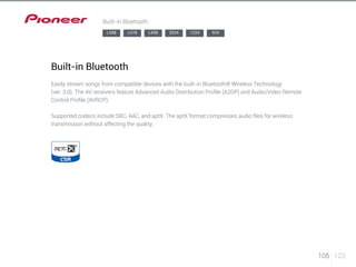 105 123 
Built-in Bluetooth 
LX88 LX78 LX58 2024 1224 924 
Built-in Bluetooth 
Easily stream songs from compatible devices with the built-in Bluetooth® Wireless Technology 
(ver. 3.0). The AV receivers feature Advanced Audio Distribution Profile (A2DP) and Audio/Video Remote 
Control Profile (AVRCP). 
Supported codecs include SBC, AAC, and aptX. The aptX format compresses audio files for wireless 
transmission without affecting the quality. 
 