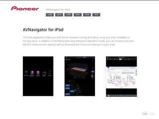 109 123 
AVNavigator for iPad 
LX88 LX78 LX58 2024 1224 924 
AVNavigator for iPad 
This free application helps you with the AV receiver’s wiring and setup using your iPad, available on 
the App Store. In addition to the Wiring Navi and Interactive Operation Guide, you can browse and save 
MCACC measurement data as well as download the Instruction Manual on your iPad. 
 