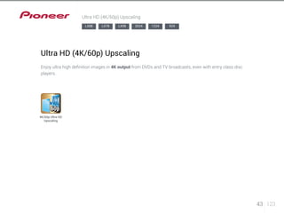 43 123 
Ultra HD (4K/60p) Upscaling 
Ultra HD (4K/60p) Upscaling 
Enjoy ultra high definition images in 4K output from DVDs and TV broadcasts, even with entry class disc 
players. 
4K/60p Ultra HD 
Upscaling 
LX88 LX78 LX58 2024 1224 924 
 