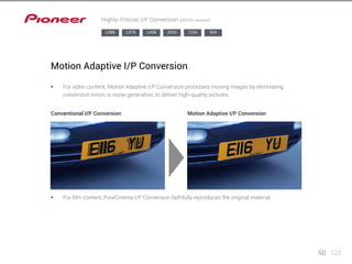 50 123 
Highly-Precise I/P Conversion (HD/SD sources) 
LX88 LX78 LX58 2024 1224 924 
Motion Adaptive I/P Conversion 
§§ For video content, Motion Adaptive I/P Conversion processes moving images by eliminating 
conversion errors or noise generation, to deliver high-quality pictures. 
Conventional I/P Conversion Motion Adaptive I/P Conversion 
§§ For film content, PureCinema I/P Conversion faithfully reproduces the original material. 
 