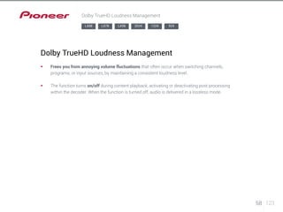 58 123 
Dolby TrueHD Loudness Management 
LX88 LX78 LX58 2024 1224 924 
Dolby TrueHD Loudness Management 
§§ Frees you from annoying volume fluctuations that often occur when switching channels, 
programs, or input sources, by maintaining a consistent loudness level. 
§§ The function turns on/off during content playback, activating or deactivating post processing 
within the decoder. When the function is turned off, audio is delivered in a lossless mode. 
 