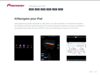 111 125 
AVNavigator pour iPad 
LX88 LX78 LX58 2024 1224 924 
AVNavigator pour iPad 
Cette application gratuite, disponible sur l’App Store, vous aide à brancher et à configurer le récepteur 
AV à l’aide de votre iPad. Outre Wiring Navi et le manuel d’utilisation interactif, vous pouvez consulter et 
sauvegarder les données de mesure MCACC, mais aussi télécharger le manuel sur votre iPad. 
 