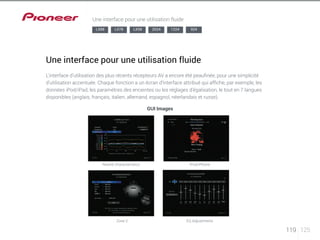 119 125 
Une interface pour une utilisation fluide 
LX88 LX78 LX58 2024 1224 924 
Une interface pour une utilisation fluide 
L’interface d’utilisation des plus récents récepteurs AV a encore été peaufinée, pour une simplicité 
d’utilisation accentuée. Chaque fonction a un écran d’interface attribué qui affiche, par exemple, les 
données iPod/iPad, les paramètres des enceintes ou les réglages d’égalisation, le tout en 7 langues 
disponibles (anglais, français, italien, allemand, espagnol, néerlandais et russe). 
GUI Images 
Reverb Characteristics iPod/iPhone 
Zone 2 EQ Adjustments 
 