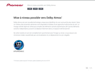 55 125 
Mise à niveau possible vers Dolby Atmos 
LX88 LX78 LX58 
Mise à niveau possible vers Dolby Atmos* 
Dolby Atmos est une nouvelle technologie unique pour bénéficier du son surround le plus récent. Dans 
un cinéma, des enceintes aériennes sont disposées et dotées d’une approche multicouche du son. Le 
mixage orienté objet est utilisé pour empiler des éléments sonores dynamiques afin que les éléments 
sonores indépendants puissent se déplacer librement dans un espace tridimensionnel. 
De cette manière, le son est complètement synchronisé avec l’image sur écran, ce qui assure une 
immersion totale, caractérisée par une localisation et un déplacement du son inégalés. 
* Firmware update required. Firmware update available by the end of 2014. 
 