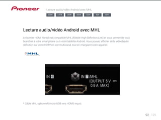 92 125 
Lecture audio/vidéo Android avec MHL 
LX88 LX78 LX58 2024 1224 924 824 
Lecture audio/vidéo Android avec MHL 
Le bornier HDMI frontal est compatible MHL (Mobile High-Definition Link) et vous permet de vous 
brancher à votre smartphone ou à votre tablette Android. Vous pouvez afficher de la vidéo haute 
définition sur votre HDTV en son multicanal, tout en chargeant votre appareil. 
* Câble MHL optionnel (micro-USB vers HDMI) requis 
 