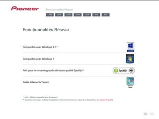 98 125 
Fonctionnalités Réseau 
LX88 LX78 LX58 2024 1224 924 824 
Fonctionnalités Réseau 
Compatible avec Windows 8.1* 
Compatible avec Windows 7 
Prêt pour le streaming audio de haute qualité Spotify** 
Radio Internet (vTuner) 
* Le SC-LX88 est compatible avec Windows 8 
** Appareils numériques mobiles compatibles et abonnement premium requis là où disponibles, voir pioneer.fr/spotify 
 