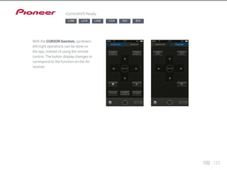 102 123 
iControlAV5 Ready 
LX88 LX78 LX58 1224 924 824 
With the CURSOR function, up/down/ 
left/right operations can be done on 
the app, instead of using the remote 
control. The button display changes to 
correspond to the function on the AV 
receiver. 
 