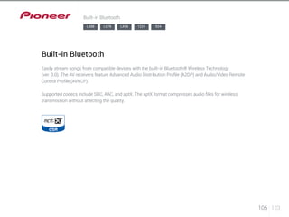 105 123 
Built-in Bluetooth 
LX88 LX78 LX58 1224 924 
Built-in Bluetooth 
Easily stream songs from compatible devices with the built-in Bluetooth® Wireless Technology 
(ver. 3.0). The AV receivers feature Advanced Audio Distribution Profile (A2DP) and Audio/Video Remote 
Control Profile (AVRCP). 
Supported codecs include SBC, AAC, and aptX. The aptX format compresses audio files for wireless 
transmission without affecting the quality. 
 